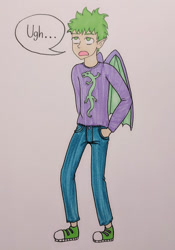 Size: 438x626 | Tagged: safe, artist:metalamethyst, character:spike, species:dragon, species:human, clothing, converse, hands in pockets, human spike, humanized, jeans, long sleeve shirt, older, older spike, pants, shoes, sneakers, winged humanization, winged spike, wings