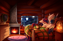 Size: 3028x2000 | Tagged: safe, artist:kaleido-art, oc, oc only, species:pony, bed, commission, fireplace, forest, furry, moon, night, oc x oc, radio, shipping, snow, snowfall, streetlight, television, window, winter