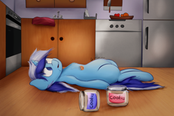 Size: 1500x1000 | Tagged: safe, artist:rainyvisualz, character:minuette, species:pony, species:unicorn, apple, belly, cookie, cookie jar, crumbs, derp, empty jar, female, food, kitchen, lying down, lying on the floor, mare, orange, solo, stomach noise, stuffed