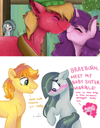 Size: 1023x1305 | Tagged: safe, artist:dreamscapevalley edits, artist:feathershine1, edit, character:big mcintosh, character:braeburn, character:marble pie, character:pinkie pie, character:sugar belle, species:pony, ship:braeble, ship:sugarmac, episode:best gift ever, g4, my little pony: friendship is magic, aftermath, blushing, cute, episode followup, episode idea, everything went better than expected, female, good end, heartbroken marble, introduction, male, nuzzling, overused joke, overused meme, ship sinking, shipper on deck, shipper pie, shipping, shipping denied, shipping fuel, shy, smiling, sometime later..., straight