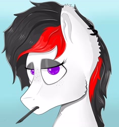 Size: 4546x4841 | Tagged: safe, artist:waffletheheadmare, oc, oc only, oc:toasty, species:earth pony, species:pony, absurd resolution, black mane, bust, ear fluff, ear piercing, earring, eyelashes, eyeshadow, female, fluffy, freckles, half-closed eyes, jewelry, makeup, mare, multicolored hair, pen, pen in mouth, piercing, portrait, purple eyes, red mane, simple background