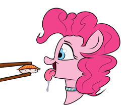 Size: 1024x862 | Tagged: safe, artist:ponetistic, character:pinkie pie, species:earth pony, species:pony, choker, chopsticks, drool, drool string, food, ponies eating meat, ponies eating seafood, simple background, sushi, tongue out, white background