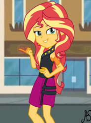 Size: 1633x2210 | Tagged: safe, artist:sparkling-sunset-s08, edit, character:sunset shimmer, episode:street magic with trixie, g4, my little pony: equestria girls, my little pony:equestria girls, spoiler:eqg series (season 2), clothing, female, jacket, leather, leather jacket, magic, skirt, smug, smugset shimmer, solo