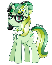 Size: 2600x3200 | Tagged: safe, artist:rivin177, oc, oc:camellia yasmina, species:pony, species:unicorn, bun hairstyle, eyeglasses, female, flower, glasses, hooves, horn, looking at you, mare, ribbon, simple background, solo, standing, tail, transparent, transparent background