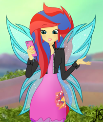 Size: 1889x2234 | Tagged: safe, artist:sparkling-sunset-s08, oc, species:human, my little pony:equestria girls, afterglow, clothing, crossover, dress, fairy, fairy wings, fairyized, humanized, jacket, magic winx, phone, rainbow s.r.l, winged humanization, wings, winx club, winxified