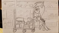 Size: 1008x570 | Tagged: safe, artist:aeropegasus, oc, oc:aero pegasus, species:pegasus, species:pony, bipedal, bored, cap, cart, clothing, female, glasses, groceries, grocery store, hat, job, mare, pushing, solo, store, traditional art, vest, wip, working