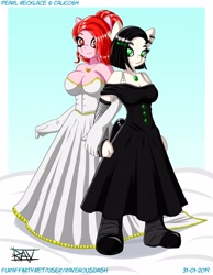 Size: 3500x4500 | Tagged: safe, artist:ravenousdash, oc, oc:death metal, oc:pearl necklace, species:anthro, species:earth pony, species:pony, black, black hair, bride, clothing, couple, dress, duo, female, formal, green eyes, lesbian, marriage, married, married couple, married life, oc x oc, pink, pink fur, ranchtown, red, red eyes, red hair, shipping, wedding, wedding dress, white, white fur