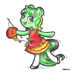 Size: 2476x2476 | Tagged: safe, artist:cakonde, oc, oc:camellia yasmina, species:pony, species:unicorn, bangs, bipedal, blushing, bun hairstyle, cheongsam, chinese new year, chinese new year 2019, clothing, cute, dress, female, flower, lamp, lantern, looking at you, mare, open mouth, ribbon, shadow, shoes, simple background, socks, solo, standing, stick, tail, traditional art, white background, white socks
