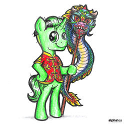 Size: 2476x2476 | Tagged: safe, artist:cakonde, oc, species:dragon, species:pony, species:unicorn, bipedal, cheongsam, chinese new year, chinese new year 2019, clothing, looking at you, male, shadow, simple background, smiling, solo, stallion, standing, stick, tail, traditional art, white background