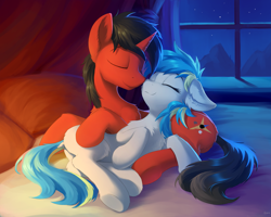 Size: 4623x3698 | Tagged: safe, artist:draconidsmxz, oc, oc only, species:pony, bed, boop, eyes closed, female, male, mountain, noseboop, red and black oc, scenery, snuggling, stars, straight, window