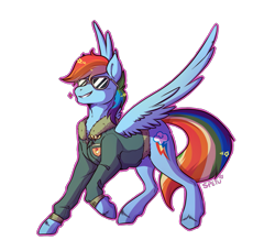 Size: 1993x1821 | Tagged: safe, artist:spetu, character:rainbow dash, species:pony, bomber jacket, clothing, female, grin, jacket, signature, simple background, smiling, smirk, solo, spread wings, sunglasses, transparent background, wings