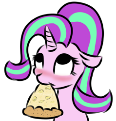 Size: 433x454 | Tagged: safe, artist:ponetistic, character:starlight glimmer, species:pony, species:unicorn, blushing, eating, female, food, horn, looking up, looking up at you, mare, pineapple, pineapple pizza, pizza, pure unfiltered evil, simple background, solo, that pony sure does love pineapple pizza, white background