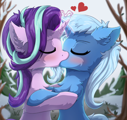 Size: 1280x1207 | Tagged: safe, artist:nighty, character:starlight glimmer, character:trixie, species:pony, species:unicorn, ship:startrix, blushing, chest fluff, cute, ear fluff, eyes closed, female, fluffy, forest, heart, horn, hug, kissing, lesbian, magic, mare, pine tree, shipping, snow, tree