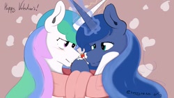 Size: 960x540 | Tagged: safe, artist:soccy, character:princess celestia, character:princess luna, ship:princest, episode:hearts and hooves day, g4, my little pony: friendship is magic, bedroom eyes, blushing, clothing, female, food, imminent kissing, incest, lesbian, looking at each other, scarf, shipping, simple background, strawberry