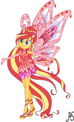 Size: 2185x3577 | Tagged: safe, artist:sparkling-sunset-s08, character:sunset shimmer, my little pony:equestria girls, bloom (winx club), clothing, crossover, dress, ear piercing, earring, enchantix, fairy, fairy dust, fairy wings, gloves, hasbro, hasbro studios, jewelry, long gloves, long hair, piercing, rainbow s.r.l, red dress, red wings, winged humanization, wings, winx club