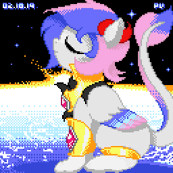 Size: 1024x1024 | Tagged: safe, artist:theratedrshimmer, oc, species:pony, armor, art trade, chest fluff, colored wings, eyes closed, giant pony, leonine tail, macro, original species, pixel art, planet, space