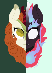 Size: 1684x2382 | Tagged: safe, artist:darkestsunset, character:autumn blaze, species:kirin, episode:sounds of silence, g4, my little pony: friendship is magic, bust, duality, female, head only, nirik, no pupils, split screen, two sided posters