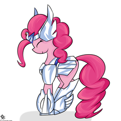 Size: 3936x3936 | Tagged: safe, artist:ruiont, character:pinkie pie, species:earth pony, species:pony, armor, eyes closed, female, high res, hooves, mare, saint seiya, simple background, solo, white background