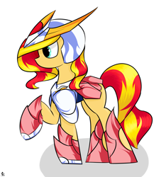 Size: 3385x3622 | Tagged: safe, artist:ruiont, character:sunset shimmer, species:pony, species:unicorn, armor, female, high res, hooves, horn, mare, raised hoof, saint seiya, simple background, solo, white background