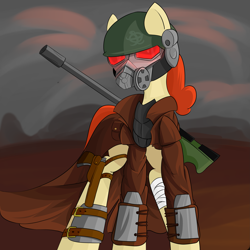 Size: 3937x3937 | Tagged: safe, artist:ruiont, oc, oc only, oc:batlatoya, species:pegasus, species:pony, bandage, clothing, fallout, fallout: new vegas, female, gun, helmet, high res, hooves, mare, mask, rifle, solo, veteran ranger, wasteland, weapon