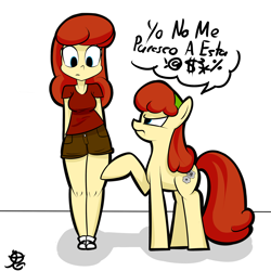 Size: 2884x2884 | Tagged: safe, artist:ruiont, oc, oc only, oc:batlatoya, species:human, species:pegasus, species:pony, cutie mark, dialogue, female, humanized, mare, ponidox, self ponidox, sitting, spanish description, spanish text, speech bubble, translated in the comments