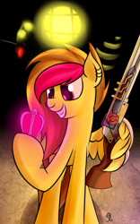 Size: 2403x3845 | Tagged: safe, artist:ruiont, oc, oc only, species:pegasus, species:pony, big daddy, bioshock, female, grin, gun, hooves, looking at something, mare, smiling, weapon, wing hold, wings