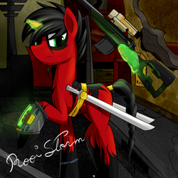 Size: 3408x3408 | Tagged: safe, artist:ruiont, oc, oc only, species:pony, species:unicorn, fallout equestria, fanfic, fanfic art, glowing horn, gun, high res, hooves, horn, levitation, magic, male, optical sight, pipbuck, red and black oc, rifle, solo, stallion, sword, telekinesis, weapon