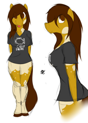 Size: 4850x6773 | Tagged: safe, artist:ruiont, oc, oc only, species:anthro, species:earth pony, species:pony, species:unguligrade anthro, absurd resolution, anthro oc, bottomless, clothing, female, hooves, mare, partial nudity, shirt, simple background, solo, t-shirt, tongue out, white background