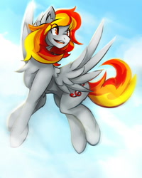 Size: 800x1000 | Tagged: safe, artist:lostdreamm, oc, oc only, oc:tridashie, species:pegasus, species:pony, chest fluff, cloud, cute, ear fluff, eye clipping through hair, female, flying, mare, ocbetes, open mouth, sky, solo, spread wings, wings