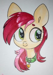 Size: 1523x2160 | Tagged: safe, artist:belka-sempai, character:roseluck, species:earth pony, species:pony, bust, collar, cute, cuteluck, female, heart, looking away, looking sideways, mare, pet collar, pet tag, pony pet, portrait, rosepet, smiling, solo, stray strand, traditional art