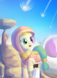 Size: 1400x1900 | Tagged: safe, artist:tehwatever, character:desert flower, species:pony, armor, clip studio paint, clothing, desert, digital painting, dragon ball z, hijab, rock, saiyan armor, scarf, scouter, sky, solo, somnambula resident, space pod