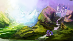 Size: 1920x1080 | Tagged: safe, artist:lukeine, character:twilight sparkle, species:pony, species:unicorn, castle, city, color porn, featured on derpibooru, female, frown, looking up, mare, mountain, painting, raised hoof, road, scenery, scenery porn, snow, solo, wallpaper