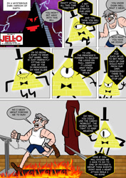 Size: 800x1133 | Tagged: safe, artist:imbriaart, species:human, comic:magic princess war, bill cipher, clothing, comic, crossover, fire, gravity falls, grunkle stan, suggestive series, treadmill