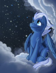 Size: 600x776 | Tagged: safe, artist:scruffasus, character:night glider, species:pegasus, species:pony, chest fluff, cloud, cute, ear fluff, female, glideabetes, mare, night, sitting, sky, solo, starry night, stars