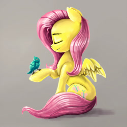 Size: 1800x1800 | Tagged: safe, artist:rysunkowasucharia, character:fluttershy, species:bird, species:pegasus, species:pony, cute, eyes closed, female, hoof hold, mare, profile, raised hoof, shyabetes, sitting, smiling, solo, spread wings, wings