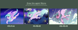 Size: 2052x790 | Tagged: safe, artist:feekteev, oc, oc only, species:pegasus, species:pony, comparison, draw this again, female, mare, open mouth, redraw, signature, smiling, solo, stars