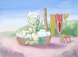 Size: 1900x1400 | Tagged: safe, artist:tehwatever, character:desert flower, species:pony, bath, clip studio paint, clothes line, desert, digital painting, glasses, outdoors, rock, sketch, sky, soap bubble, solo, somnambula resident, wip