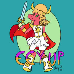 Size: 1280x1280 | Tagged: safe, artist:amynewblue, character:big mcintosh, adora, beady eyes, cape, clothing, cosplay, costume, crossdressing, crossover, eeyup, hoof hold, orchard blossom, semi-anthro, she-ra, she-ra and the princesses of power, solo, sword, weapon