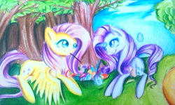 Size: 797x477 | Tagged: safe, artist:n0m1, character:fluttershy, character:rarity, species:pony, easter, easter egg, holiday, painting