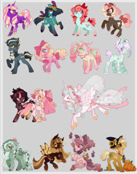 Size: 1125x1425 | Tagged: safe, artist:parfywarfy, oc, oc only, oc:piano forte, species:alicorn, species:bat pony, species:crystal pony, species:earth pony, species:pegasus, species:pony, species:unicorn, alicorn oc, bat pony oc, bow, clothing, collar, colored hooves, cup, digital art, eyes closed, female, flower, folded wings, freckles, frog, group, hat, headband, heart, hoof fluff, horns, jewelry, looking at each other, looking at you, male, mare, open mouth, pumpkin, raised hoof, regalia, smiling, spread wings, stallion, sunflower, teacup, teddy bear, veil, wings, witch hat