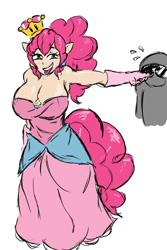 Size: 1280x1920 | Tagged: safe, artist:poneboning, character:pinkie pie, oc, oc:anon, species:human, 30 minute art challenge, armpits, big breasts, breasts, busty pinkie pie, clothing, dress, elf ears, evening gloves, female, gloves, huge breasts, humanized, long gloves, simple background, solo, super crown, tailed humanization, white background