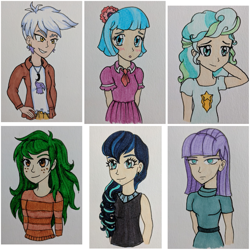 Size: 625x625 | Tagged: safe, artist:metalamethyst, character:coco pommel, character:coloratura, character:gilda, character:maud pie, character:vapor trail, character:wallflower blush, species:human, g4, my little pony:equestria girls, art dump, bust, humanized, simple background, traditional art, white background