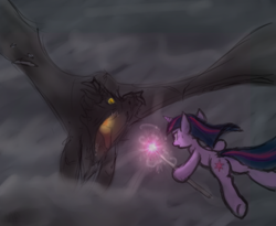 Size: 726x594 | Tagged: safe, artist:muffinsforever, character:twilight sparkle, species:dragon, species:pony, species:unicorn, falling, female, flying, freefall, magic, mare, skydiving, skyrim, staff, the elder scrolls
