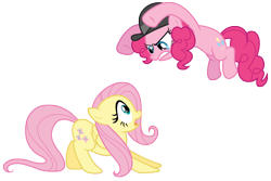 Size: 9000x6000 | Tagged: safe, artist:kiowa213, character:fluttershy, character:pinkie pie, species:earth pony, species:pegasus, species:pony, episode:mmmystery on the friendship express, g4, my little pony: friendship is magic, clothing, female, hat, mare, pounce, scared, simple background, transparent background, up in the air, vector, wide eyes