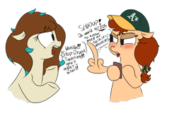 Size: 900x600 | Tagged: safe, artist:ponetistic, oc, oc only, oc:amora bunny, oc:vanilla creame, species:pegasus, species:pony, angry, baseball cap, cap, clothing, concerned, drunk, female, flipping off, floppy ears, hat, looking at each other, mare, middle feather, middle finger, oakland athletics, phone, shipping, simple background, transparent background, vulgar, wing gesture, wing hands