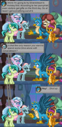 Size: 720x1467 | Tagged: safe, artist:akumath, character:gallus, character:ocellus, character:sandbar, character:silverstream, character:smolder, character:yona, episode:hearth's warming eve, g4, my little pony: friendship is magic, blushing, embarrassed, implied gallstream, implied shipping, implied straight, pixel art, shipper on deck, spread wings, student six, wingboner, wings