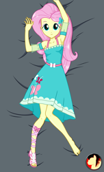 Size: 1517x2500 | Tagged: safe, artist:rexpony, character:fluttershy, g4, my little pony: equestria girls, my little pony:equestria girls, armpits, barefoot, body pillow design, bronybait, clothing, cute, dress, feet, female, looking at you, one shoe off, sandals, shyabetes, smiling, solo