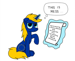 Size: 991x806 | Tagged: safe, artist:zocidem, edit, editor:elmutanto, oc, oc:europa, species:pony, species:unicorn, nation ponies, article 13, blonde hair, blue, european union, female, mare, meme, op is right, ponified, simple background, solo, truth, vector, white background