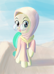 Size: 1400x1900 | Tagged: safe, artist:tehwatever, character:desert flower, species:earth pony, species:pony, background pony, clip studio paint, clothing, desert, digital painting, female, glasses, hijab, looking at you, mare, meganekko, robe, sand, shadow, sky, smiling, solo, somnambula resident