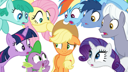 Size: 1191x670 | Tagged: safe, artist:itv-canterlot, character:applejack, character:blues, character:fluttershy, character:noteworthy, character:rainbow dash, character:rarity, character:royal riff, character:spike, character:spring melody, character:sprinkle medley, character:twilight sparkle, character:twilight sparkle (alicorn), species:alicorn, species:dragon, species:earth pony, species:pegasus, species:pony, species:unicorn, episode:the mane attraction, g4, my little pony: friendship is magic, female, flying, gasp, hooves on mouth, male, mare, open mouth, shocked, simple background, stallion, transparent background, vector, wide eyes